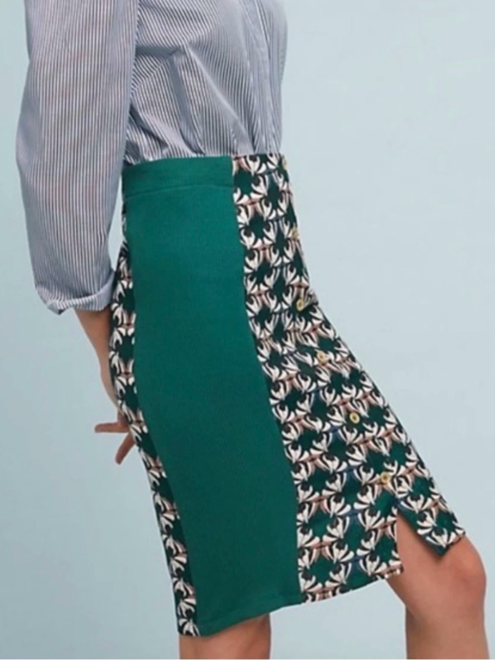 Anthropologie Dolan Green Floral Button-Front Pencil Skirt with Pink Accents